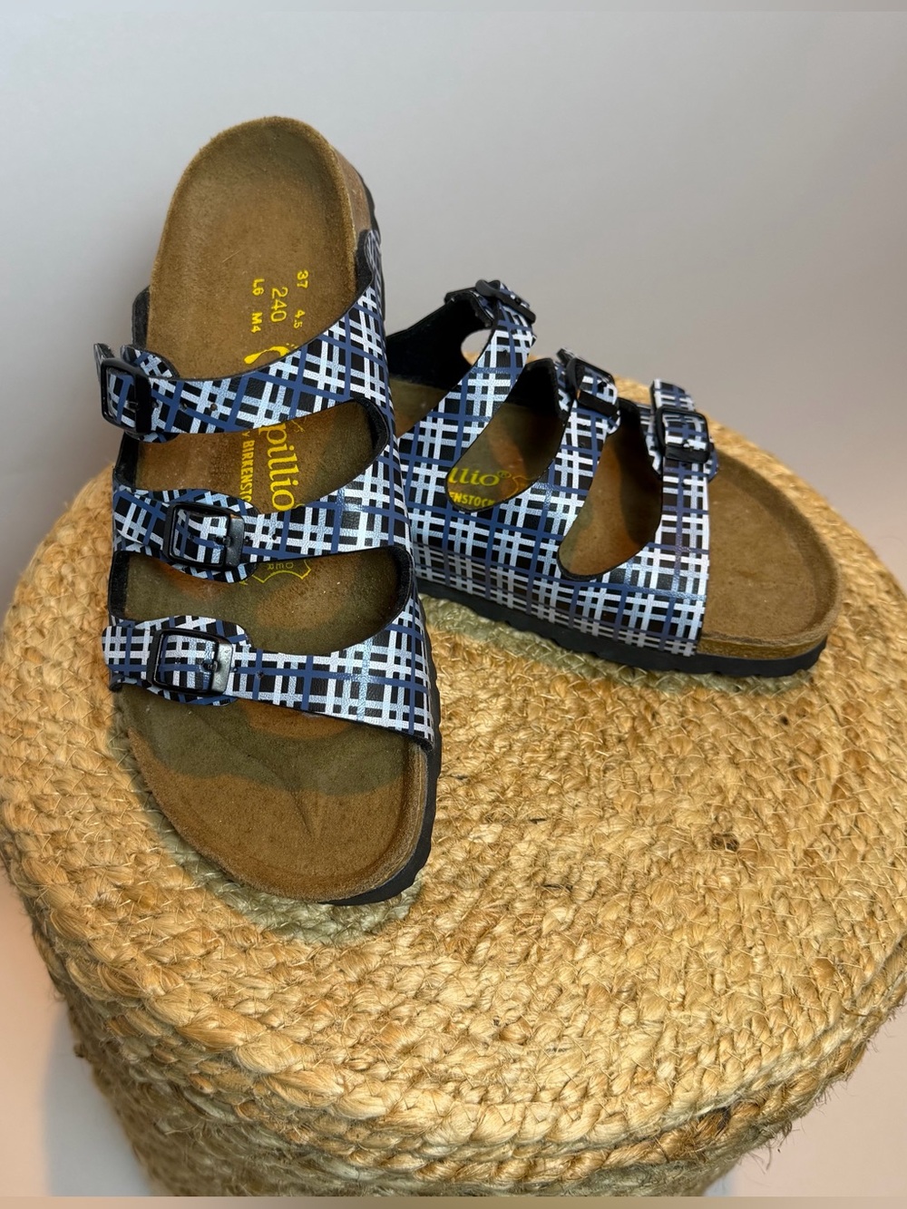Papillio Women’s Triple-Strap Plaid Sandals in Blue and White